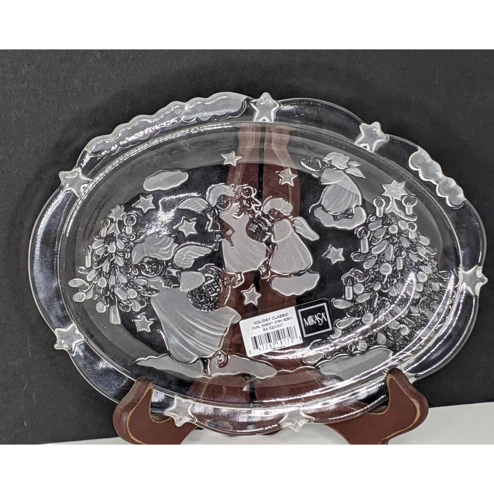 Mikasa Christmas Glass Oval Sweet Dish Frosted 9x7" Angels Stars Made in Germany